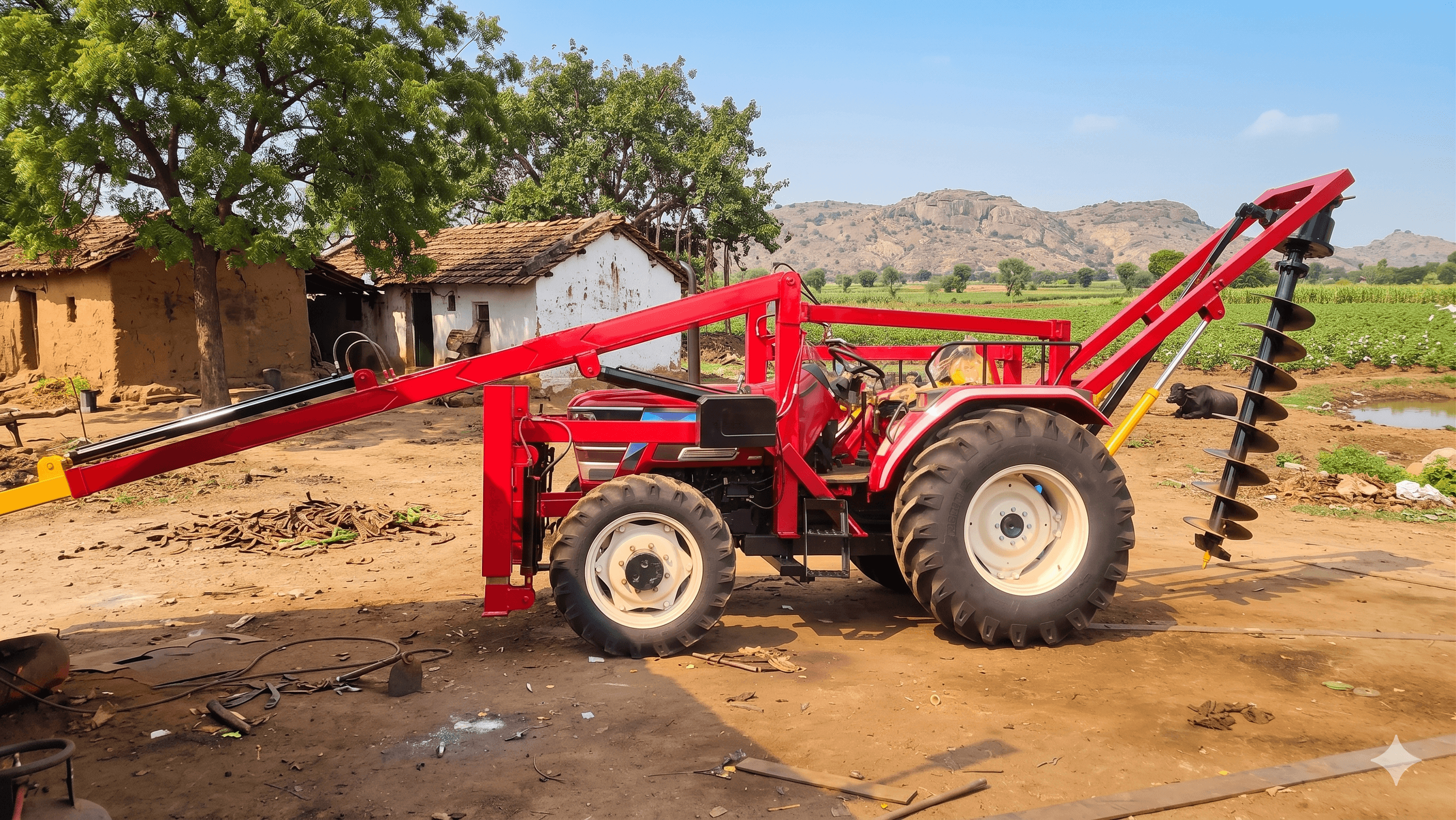 Post hole digger auger machine in a field in Telangana